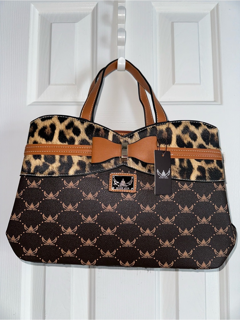 Leopard Accent Brown Satchel with Bow Detail